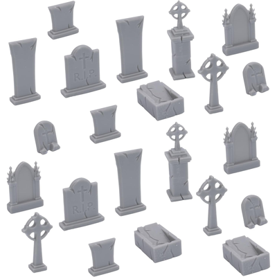 Unpainted Cemetery Set with assorted gravestones, monuments, crosses, and crypt-style terrain pieces
