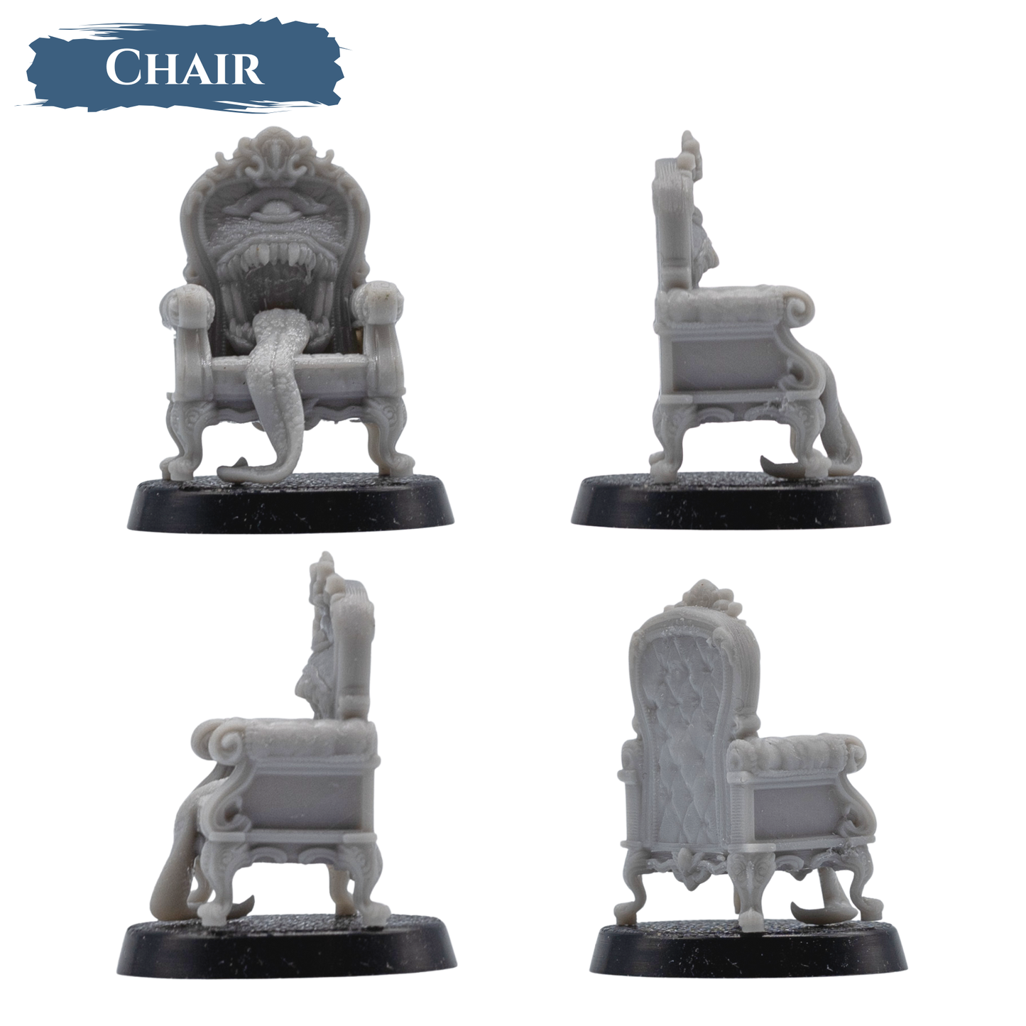Multiple views of the ornate Chair Mimic with a monstrous mouth, long tongue, decorative frame, and upholstered back.