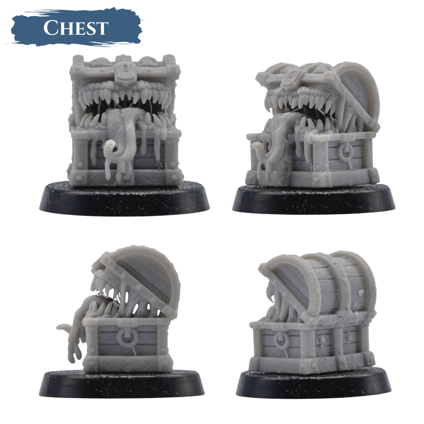 Multiple angles of the classic Treasure Chest Mimic with a hinged lid, rows of sharp teeth, and oversized tongue.
