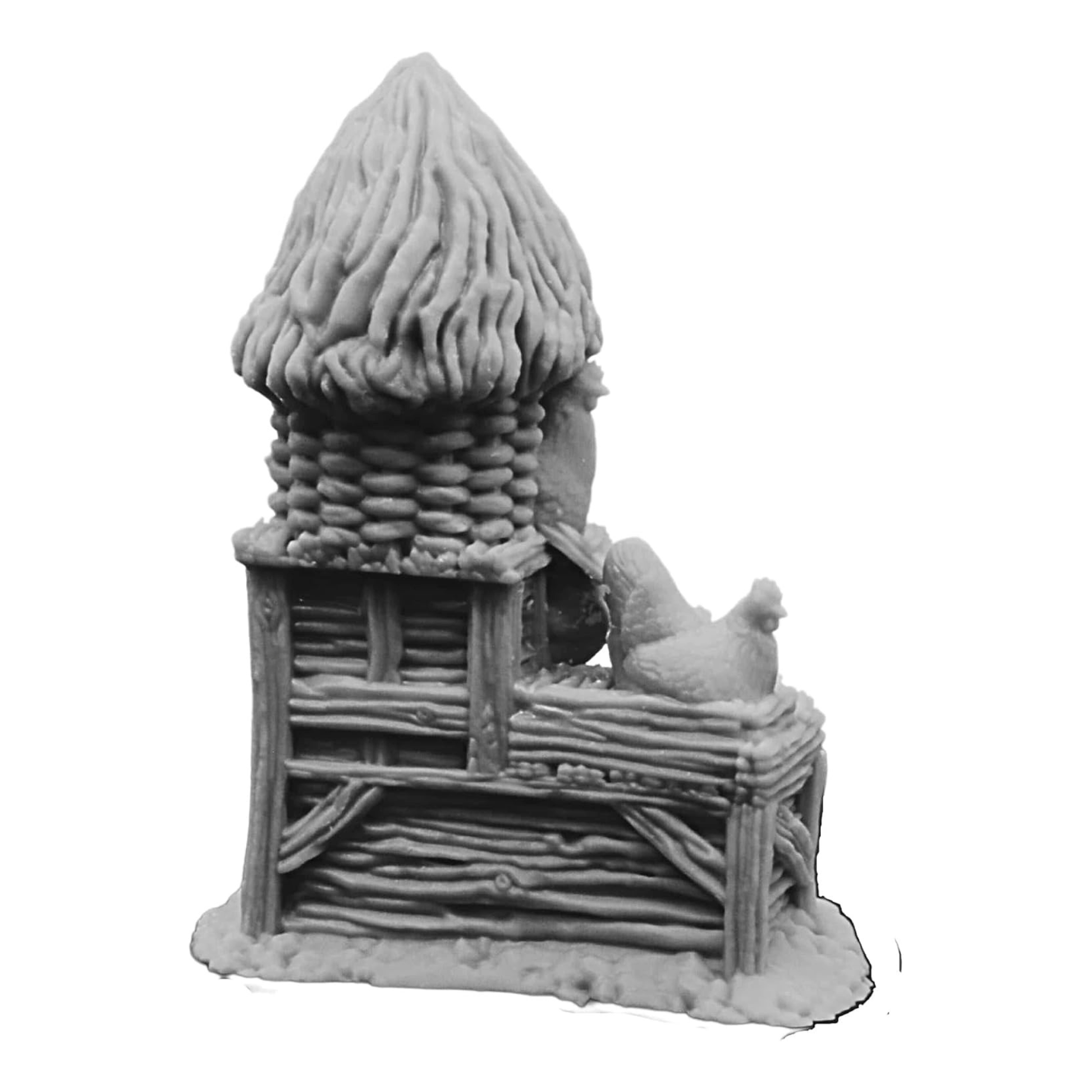 Rear angled view of the 28mm Hen House terrain with raised timber construction and sculpted chicken