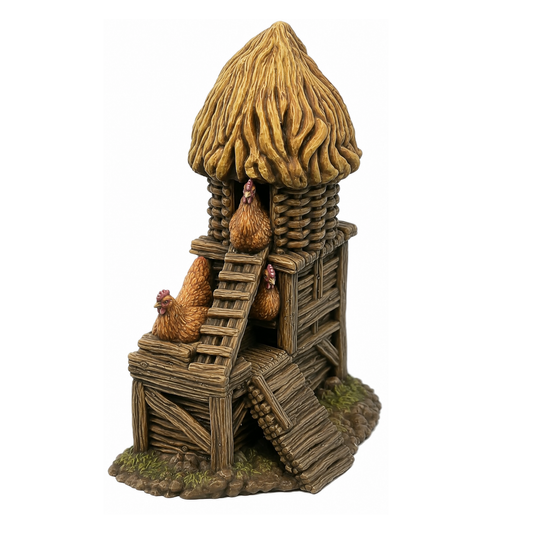 Painted Chicken Coop and Hen House terrain with thatched roof, timber construction, ladders, and chickens by Printable Scenery