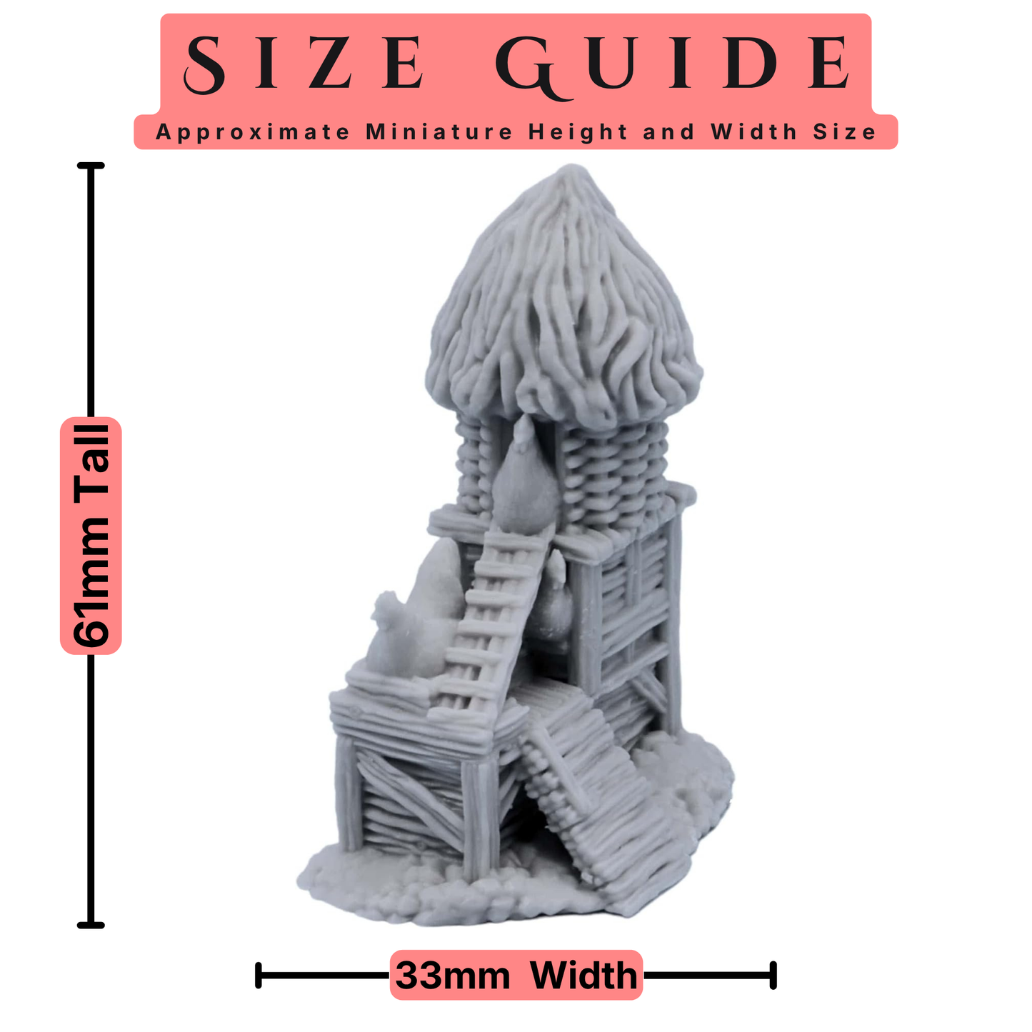 Chicken Coop terrain size guide showing approximately 61mm height and 33mm width