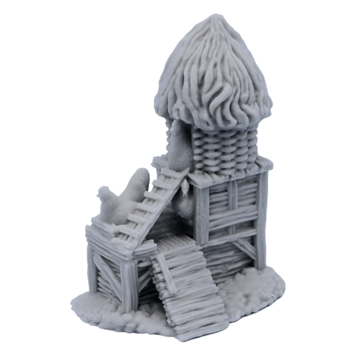 Angled view of the Printable Scenery Chicken Coop showing ladders, timber platforms, and poultry details