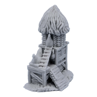 Unpainted 28mm Chicken Coop terrain showing timber walls, woven upper coop, thatched roof, ramps, and chickens