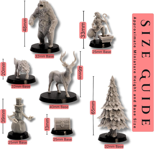 Christmas DnD Starter Set size guide showing representative miniature heights from 13mm to 65mm, with 25mm, 32mm and 40mm base sizes for the 28–32mm scale fantasy miniatures.