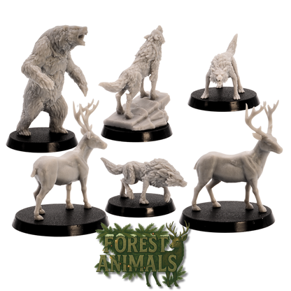 Unpainted forest animal miniatures from the Christmas DnD Starter Set including bear, wolves, and reindeer.