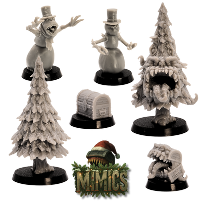 Unpainted Christmas monster miniatures showing snowmen, Christmas tree mimic, treasure chest mimic, and festive fantasy creatures.