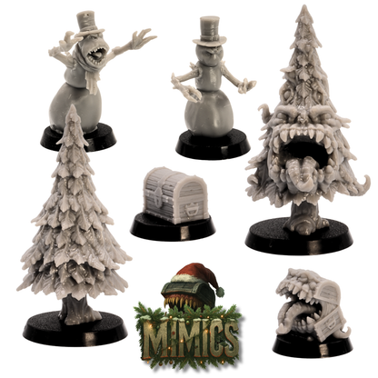 Unpainted Christmas monster miniatures showing snowmen, Christmas tree mimic, treasure chest mimic, and festive fantasy creatures.