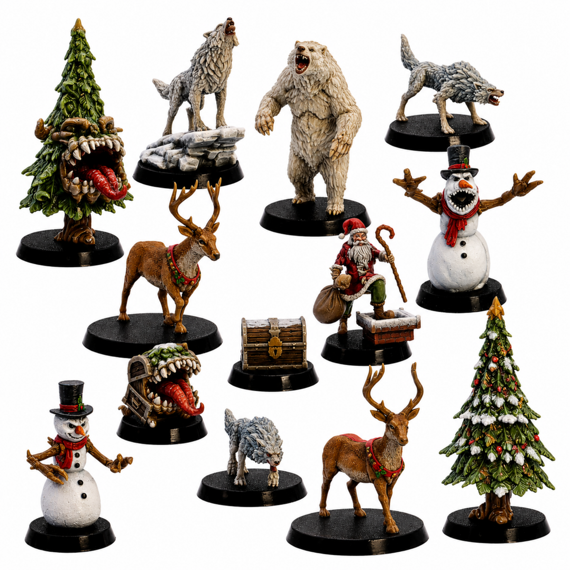 Painted Christmas DnD Starter Set by Epic Miniatures showing Santa, mimics, snowmen, forest animals, and winter fantasy creatures.