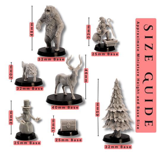 Size guide for Christmas DnD Starter Set showing assorted miniature heights and 25mm, 32mm, and 40mm base sizes.