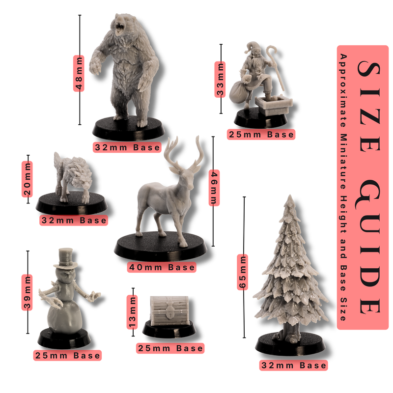 Size guide for Christmas DnD Starter Set showing assorted miniature heights and 25mm, 32mm, and 40mm base sizes.