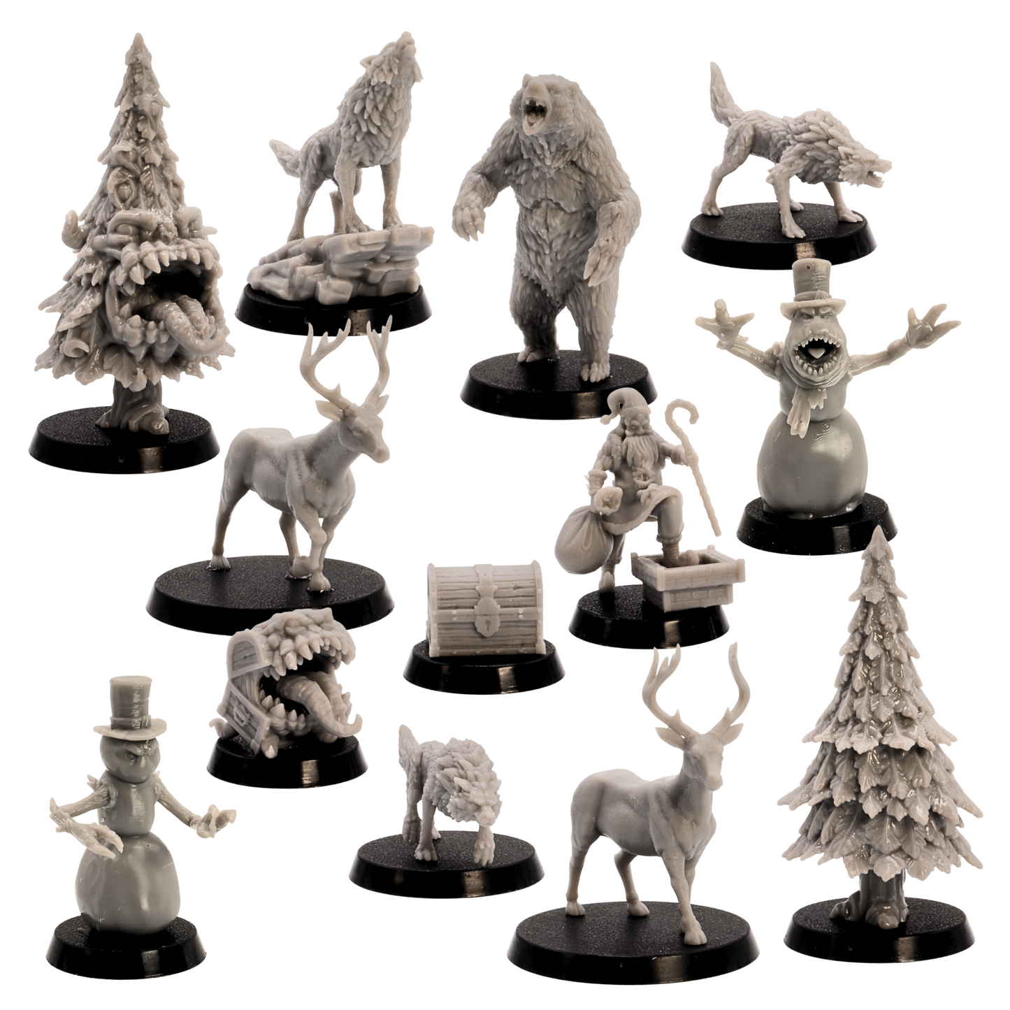 Unpainted Christmas DnD Starter Set showing 13 holiday fantasy miniatures for tabletop RPG encounters.