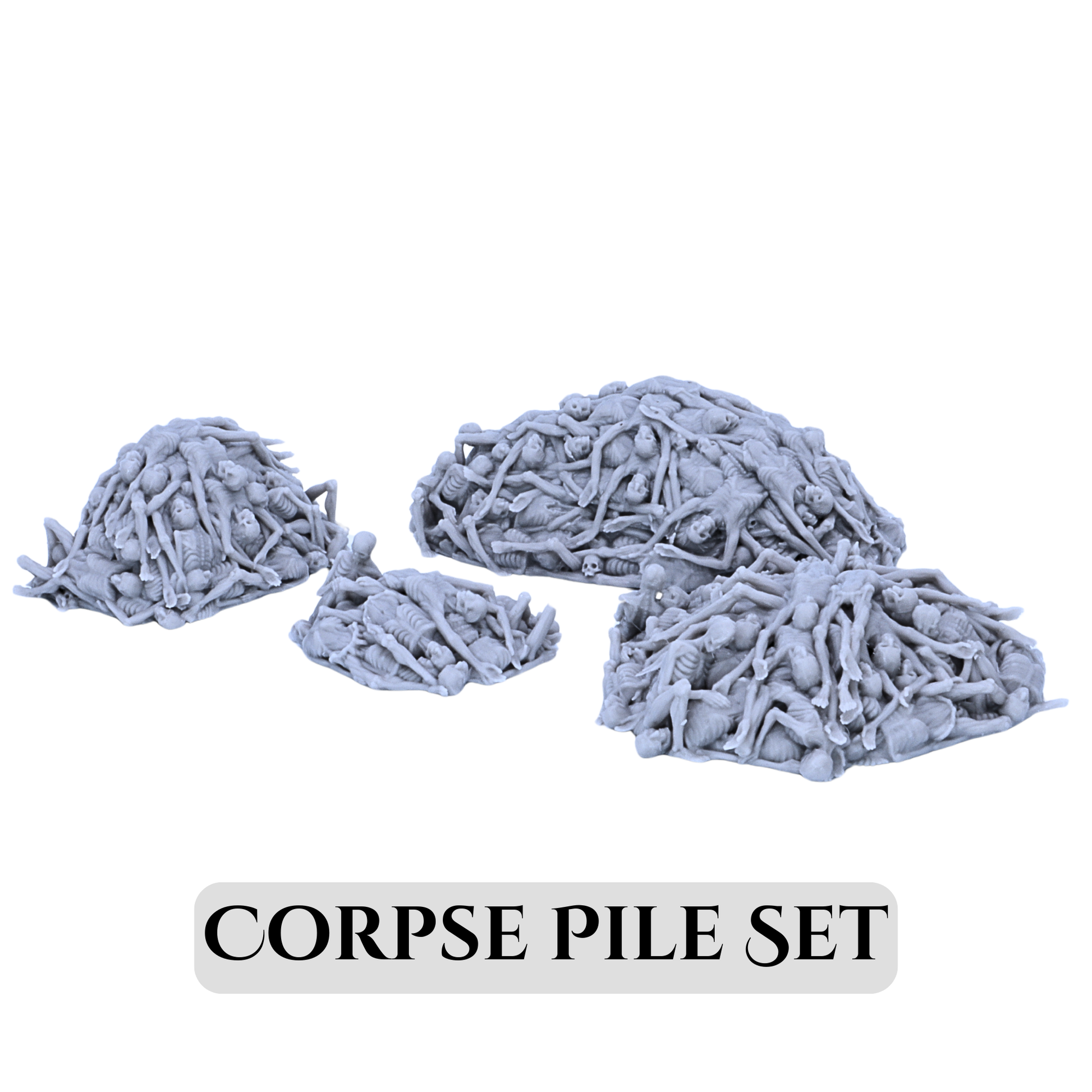 Complete Corpse Pile set by Printable Scenery showing Small, Medium, Large, and XL corpse pile terrain pieces.