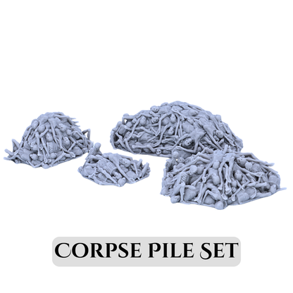 Complete Corpse Pile set by Printable Scenery showing Small, Medium, Large, and XL corpse pile terrain pieces.