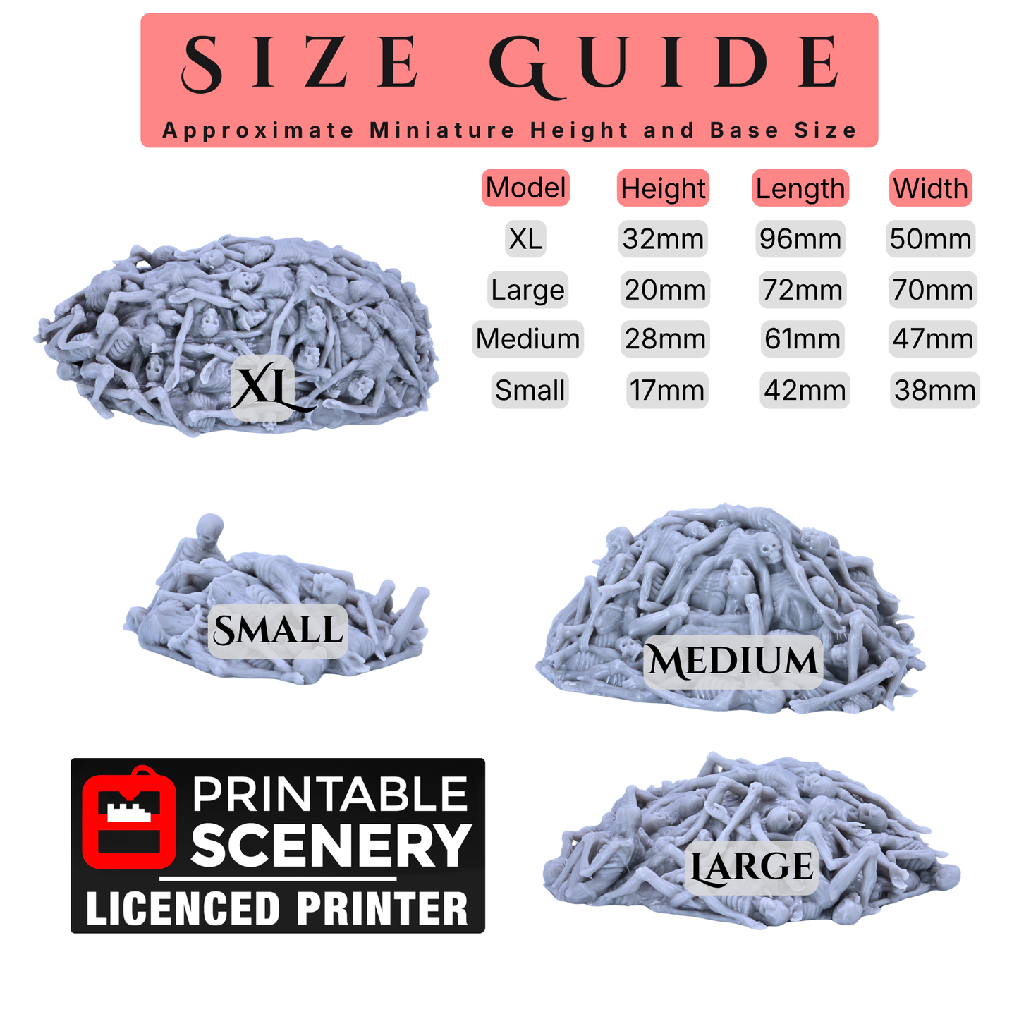 Size guide for the Printable Scenery Corpse Piles set showing Small, Medium, Large, and XL dimensions.