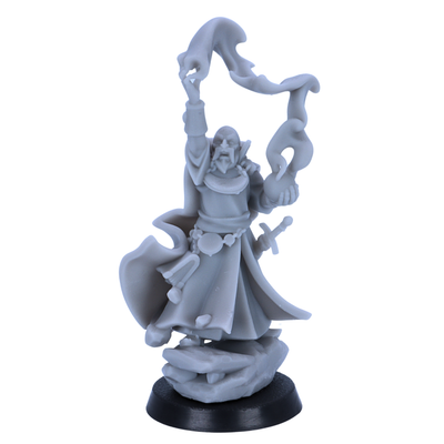 Unpainted cosmology mage miniature by Highlands Miniatures casting swirling magic effects from a raised hand.