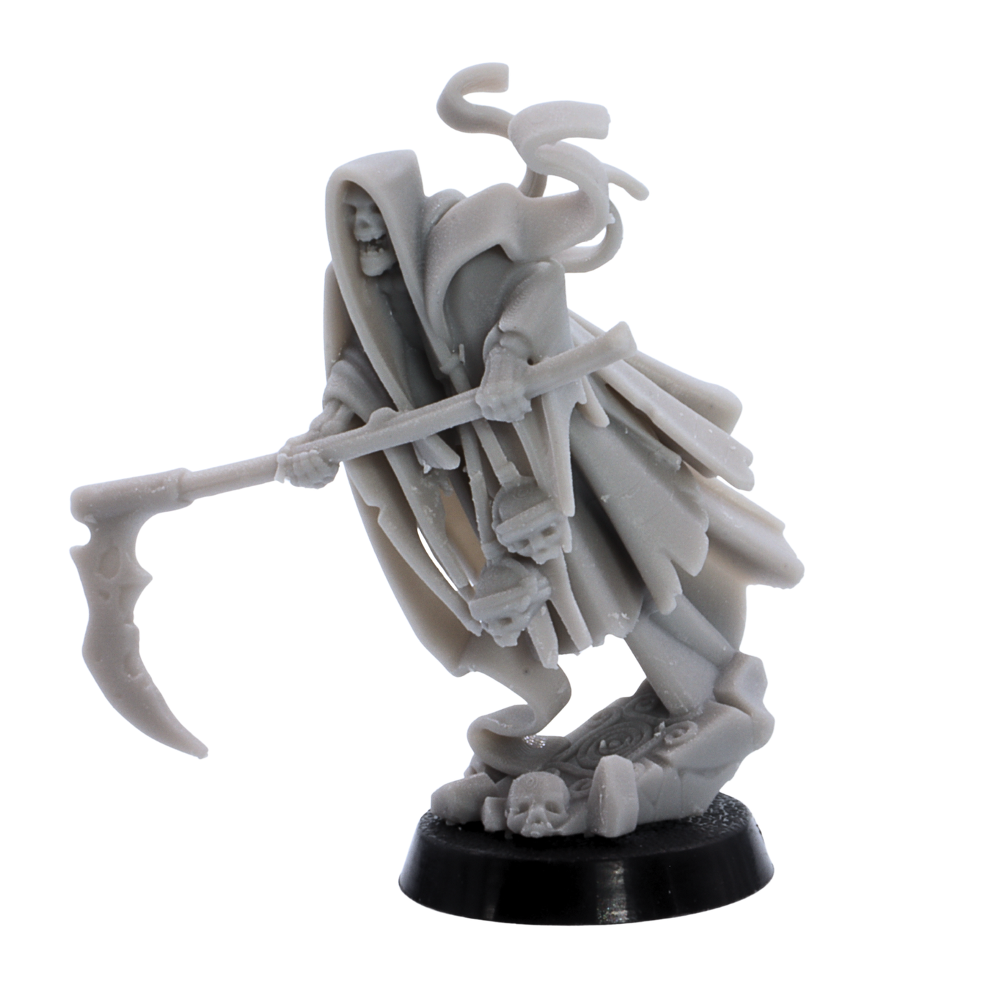 Unpainted Crypt Ghost miniature wielding a large spectral scythe with layered tattered robes, skull details, and swirling ghostly form.