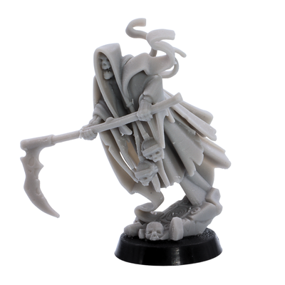 Unpainted Crypt Ghost miniature wielding a large spectral scythe with layered tattered robes, skull details, and swirling ghostly form.