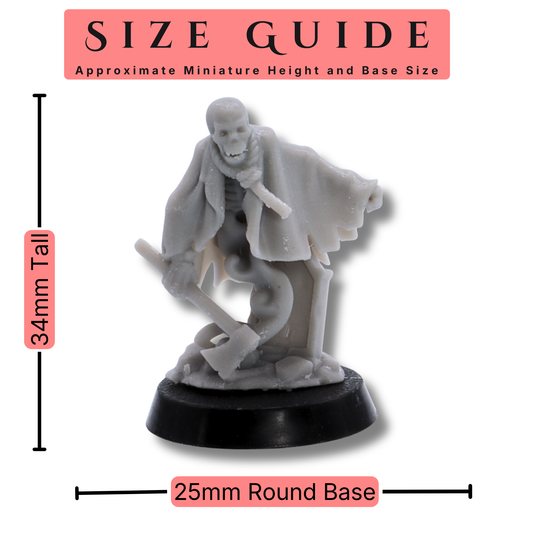 Size guide for Crypt Ghost miniature showing approximately 34mm tall and supplied on a 25mm round base.