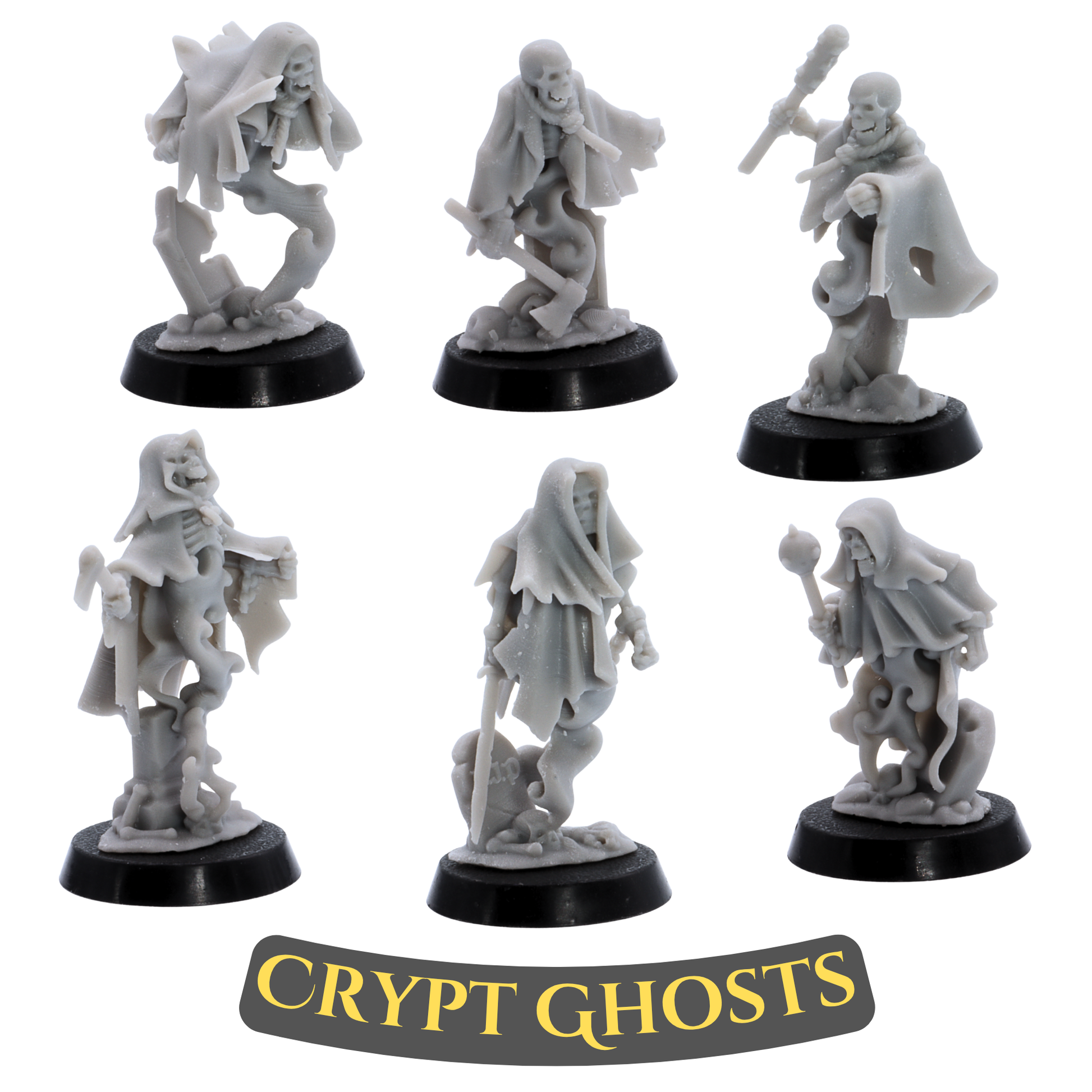 Unpainted Crypt Ghost miniatures by Highlands Miniatures showing hooded spirits, tattered robes, spectral smoke, and round bases.