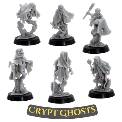 Unpainted Crypt Ghost miniatures by Highlands Miniatures showing hooded spirits, tattered robes, spectral smoke, and round bases.