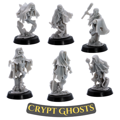 Unpainted Crypt Ghost miniatures by Highlands Miniatures showing hooded spirits, tattered robes, spectral smoke, and round bases.