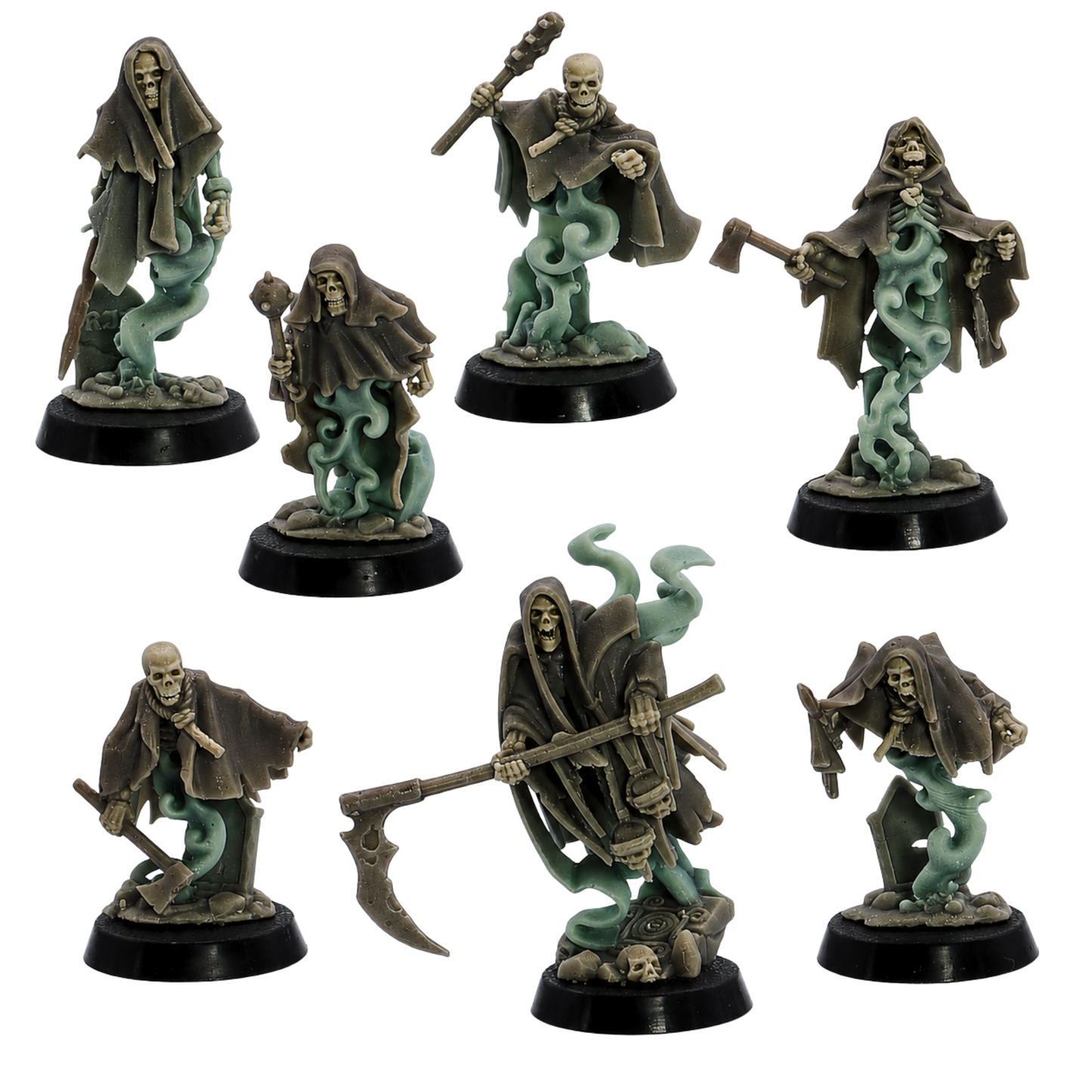 Painted Crypt Ghosts set of 7 by Highlands Miniatures showing skeletal spectral figures with tattered cloaks, ghostly smoke, and varied weapons.