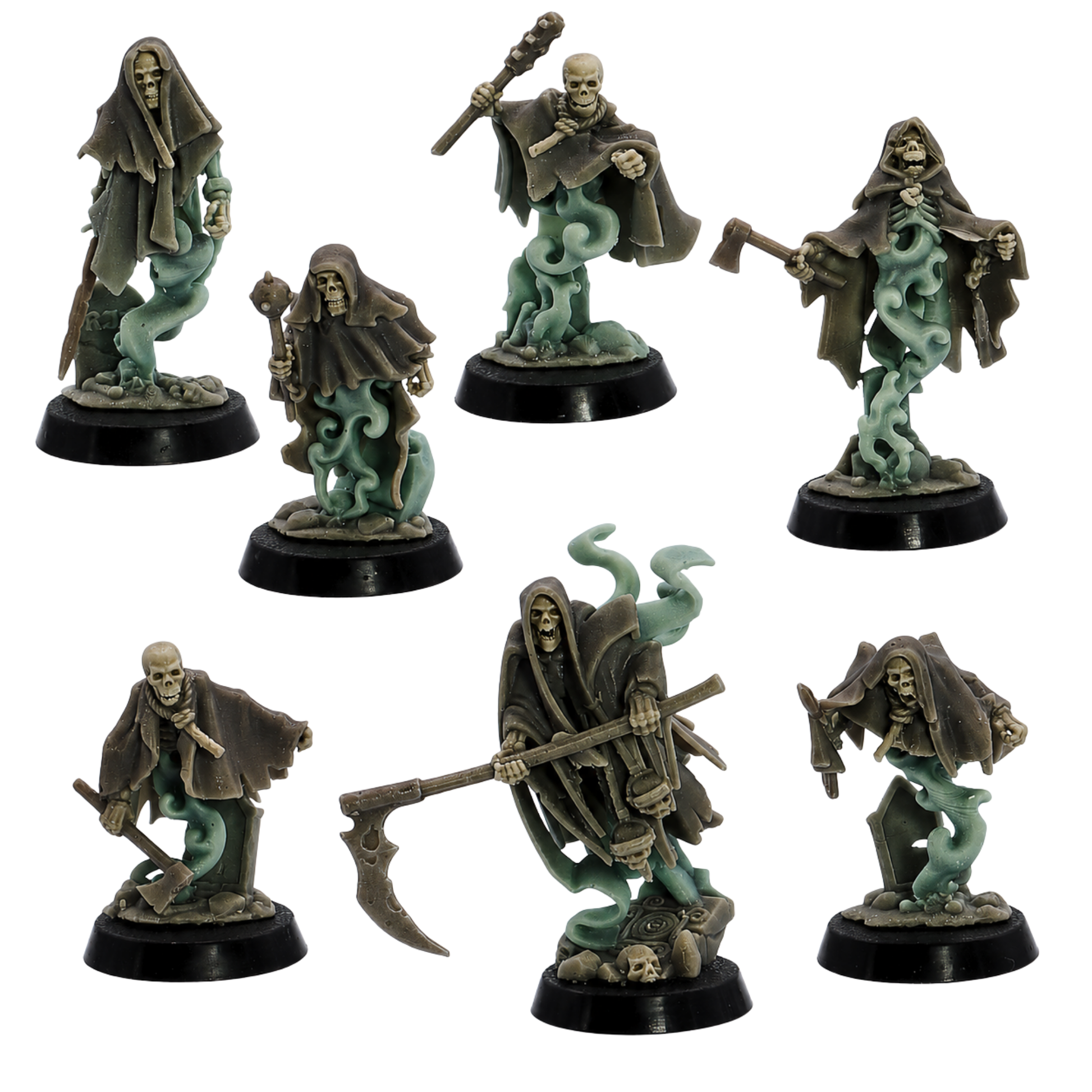 Painted Crypt Ghosts set of 7 by Highlands Miniatures showing skeletal spectral figures with tattered cloaks, ghostly smoke, and varied weapons.