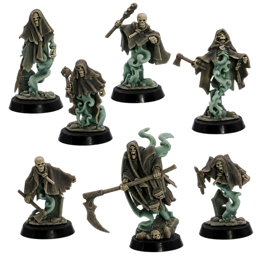 Painted Crypt Ghosts set of 7 by Highlands Miniatures showing skeletal spectral figures with tattered cloaks, ghostly smoke, and varied weapons.