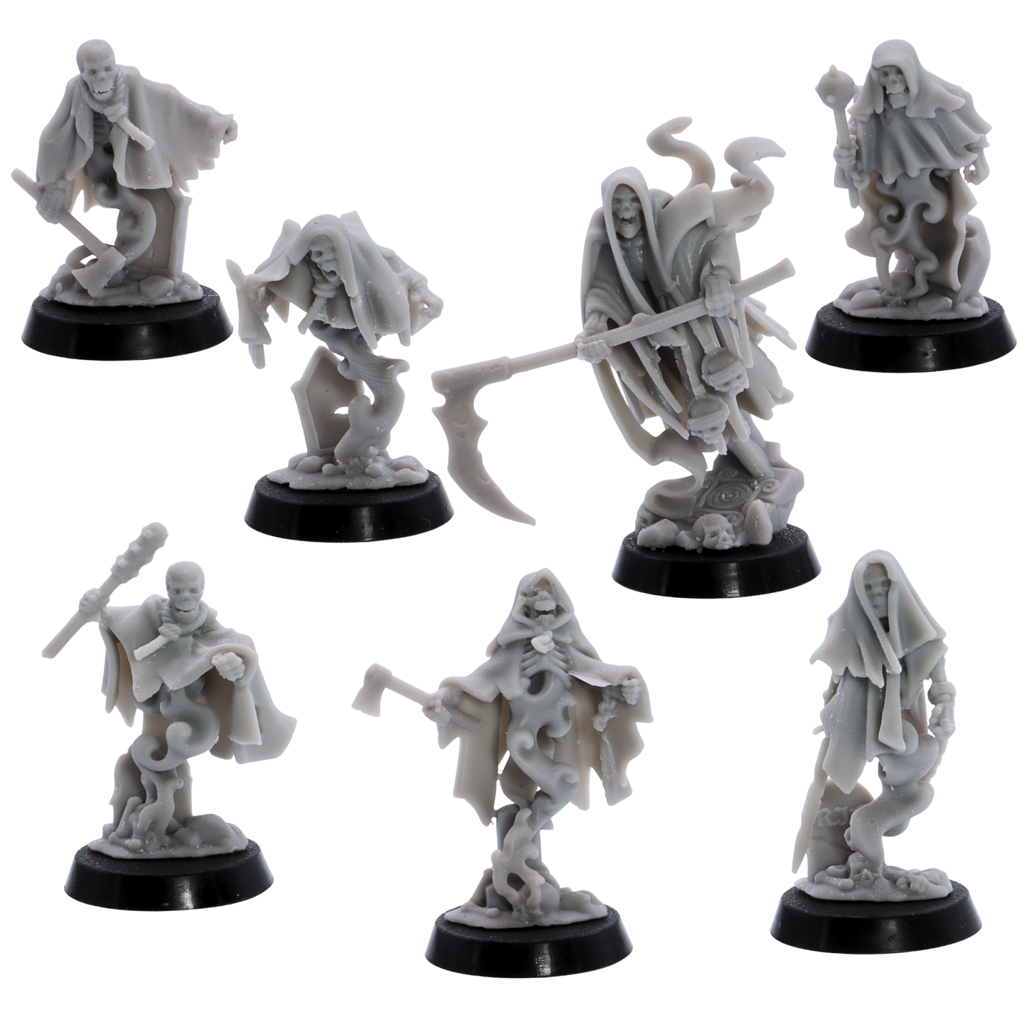 Unpainted Crypt Ghosts set of seven by Highlands Miniatures showing spectral skeletons with axes, clubs, staves, daggers, and scythe.