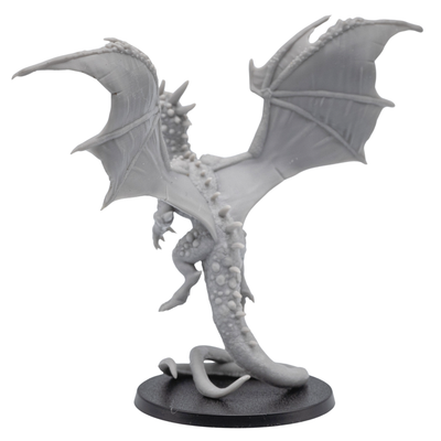 Back view of an unpainted Crystal Dragon miniature showing outstretched wings, raised tail, rear body detail, and 60mm round base.