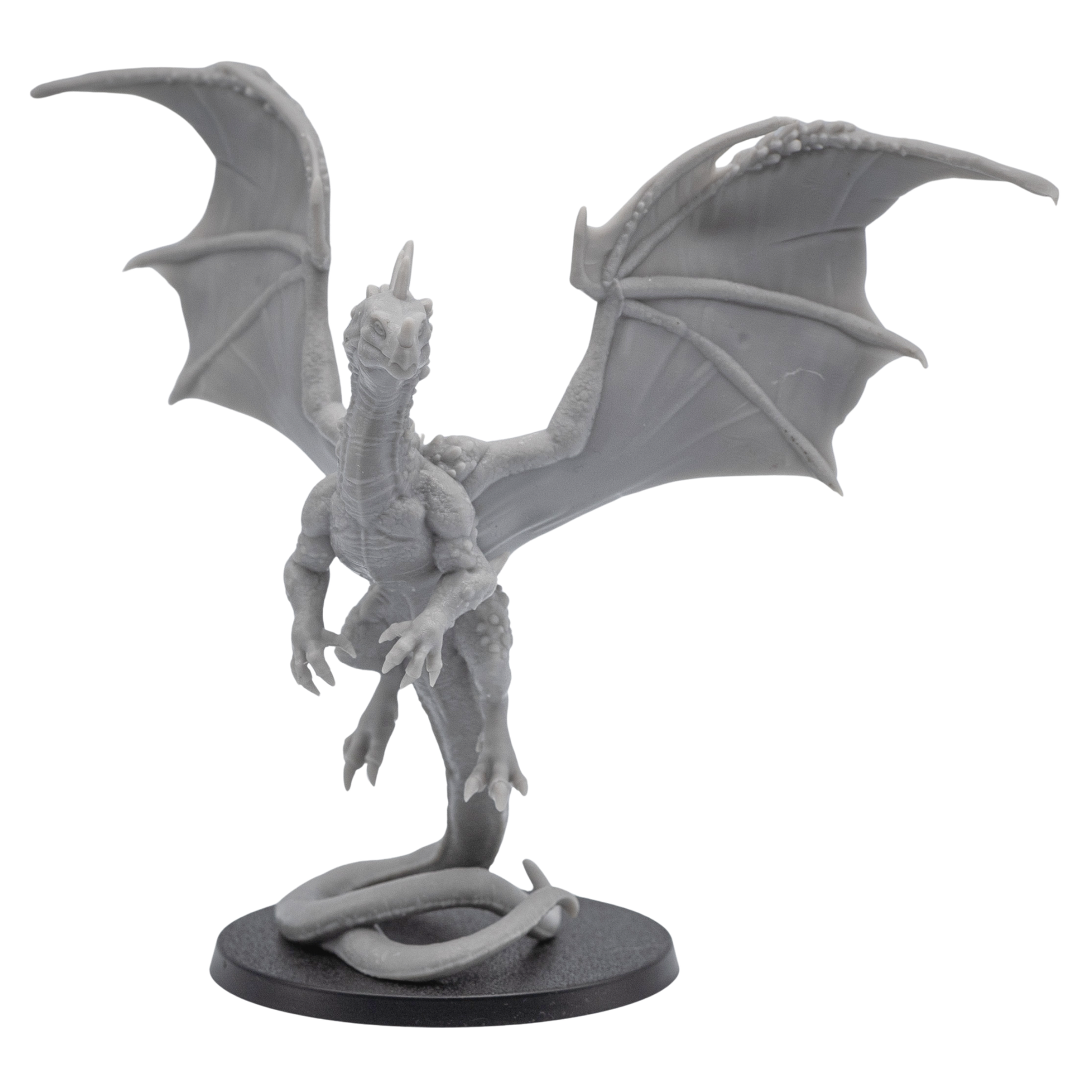 Front view of an unpainted Crystal Dragon fantasy miniature showing raised wings, upright body pose, claws, and detailed dragon head.