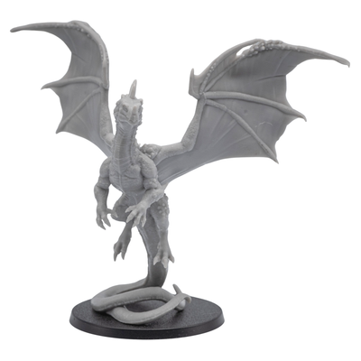 Front view of an unpainted Crystal Dragon fantasy miniature showing raised wings, upright body pose, claws, and detailed dragon head.
