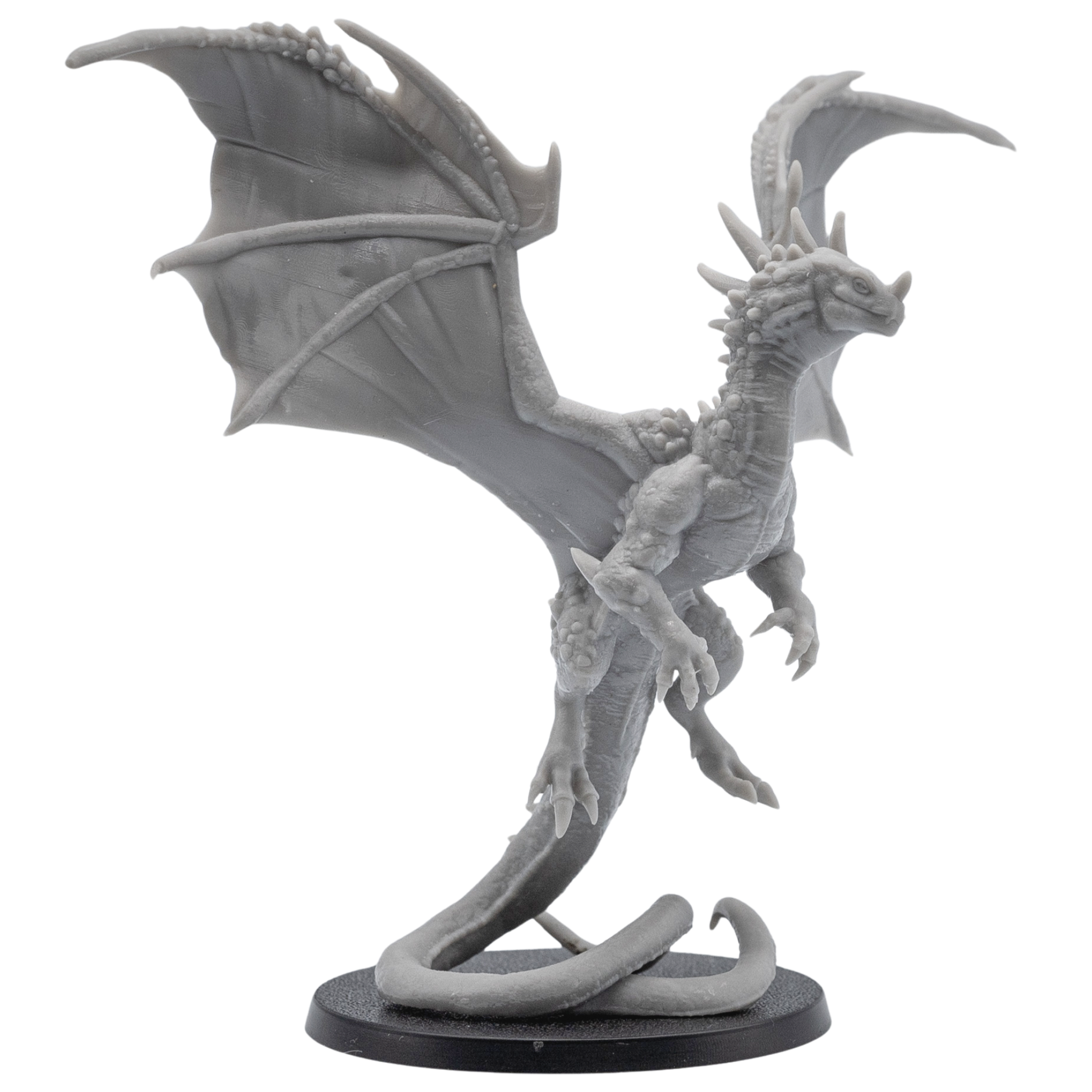 Front side view of an unpainted Crystal Dragon resin miniature by Epic Miniatures showing raised wings, long tail, claws, and round base.