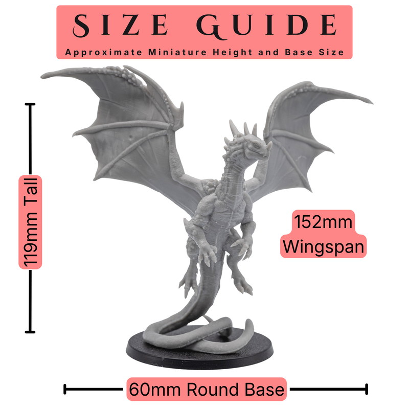 Size guide for a 28mm scale Crystal Dragon miniature showing 119mm height, 152mm wingspan, and 60mm round base.