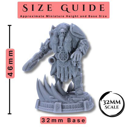 Size guide for Descendants of Tyr miniature showing 46mm height, 32mm base, and 32mm scale.