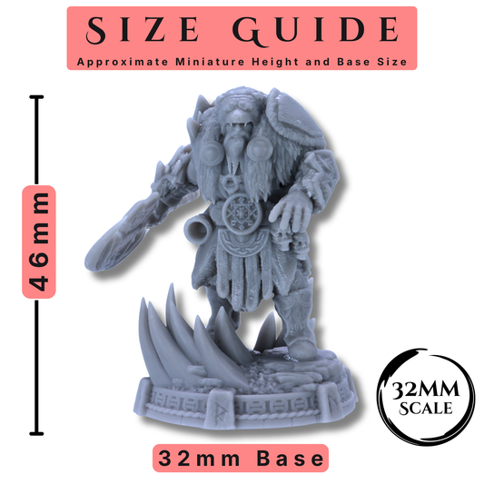 Size guide for Descendants of Tyr miniature showing 46mm height, 32mm base, and 32mm scale.