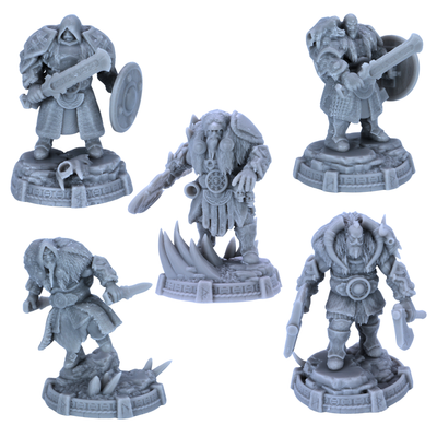 Unpainted Descendants of Tyr miniatures showing five Norse-inspired fantasy warriors with shields, axes, swords, and fur cloaks.