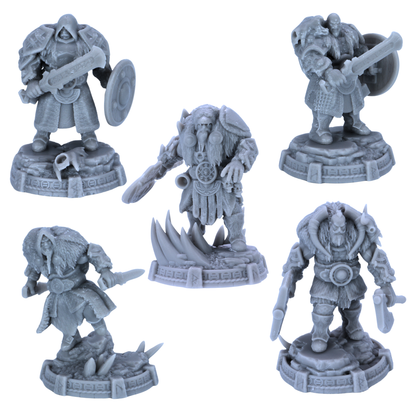 Unpainted Descendants of Tyr miniatures showing five Norse-inspired fantasy warriors with shields, axes, swords, and fur cloaks.