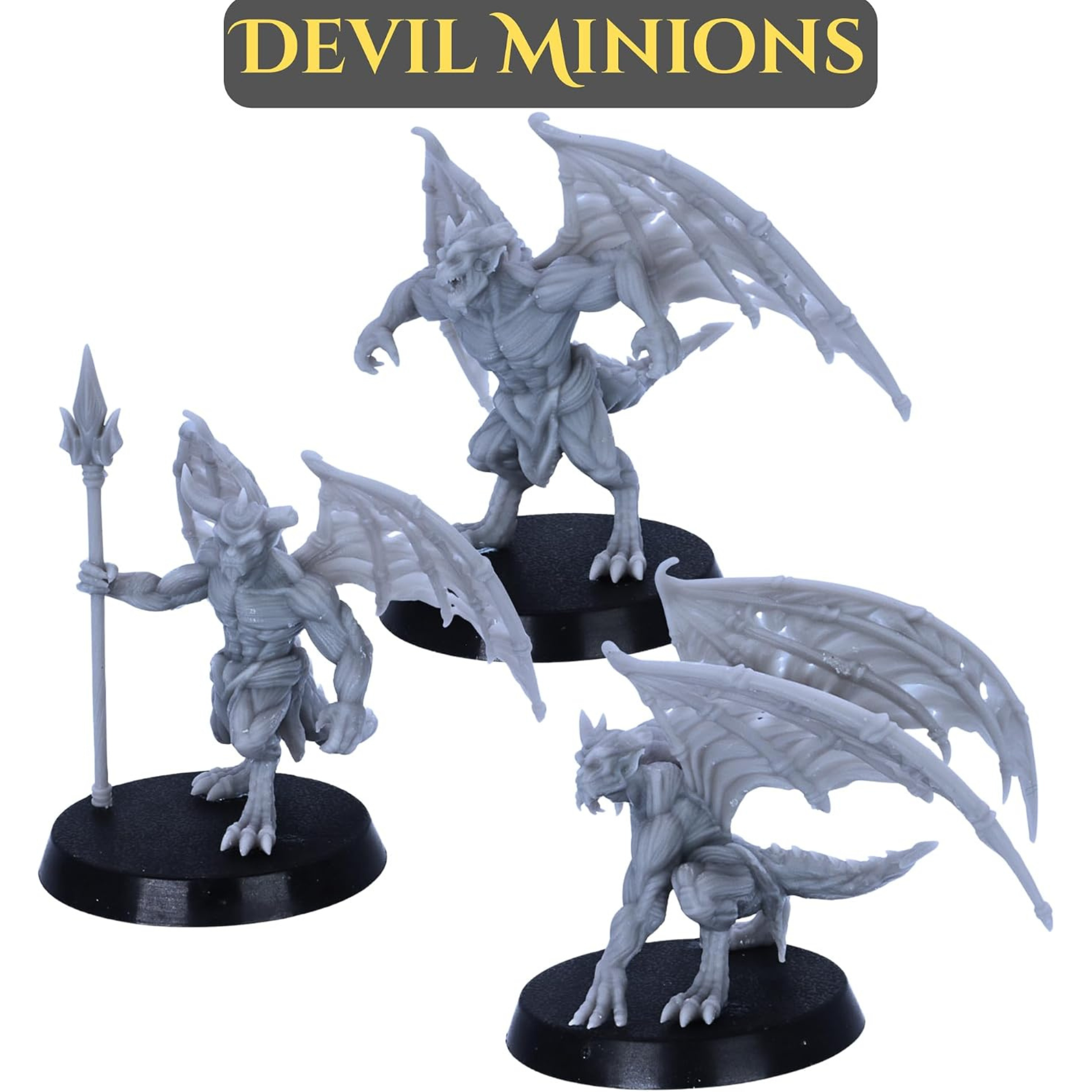 Three winged Devil Minion miniatures featuring demonic humanoid designs and large bat-like wings.