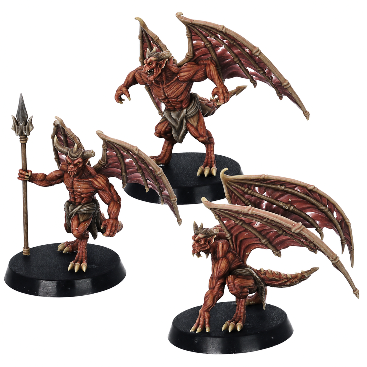Painted example of three Devil Minion miniatures by Epic Miniatures on 32mm round bases.