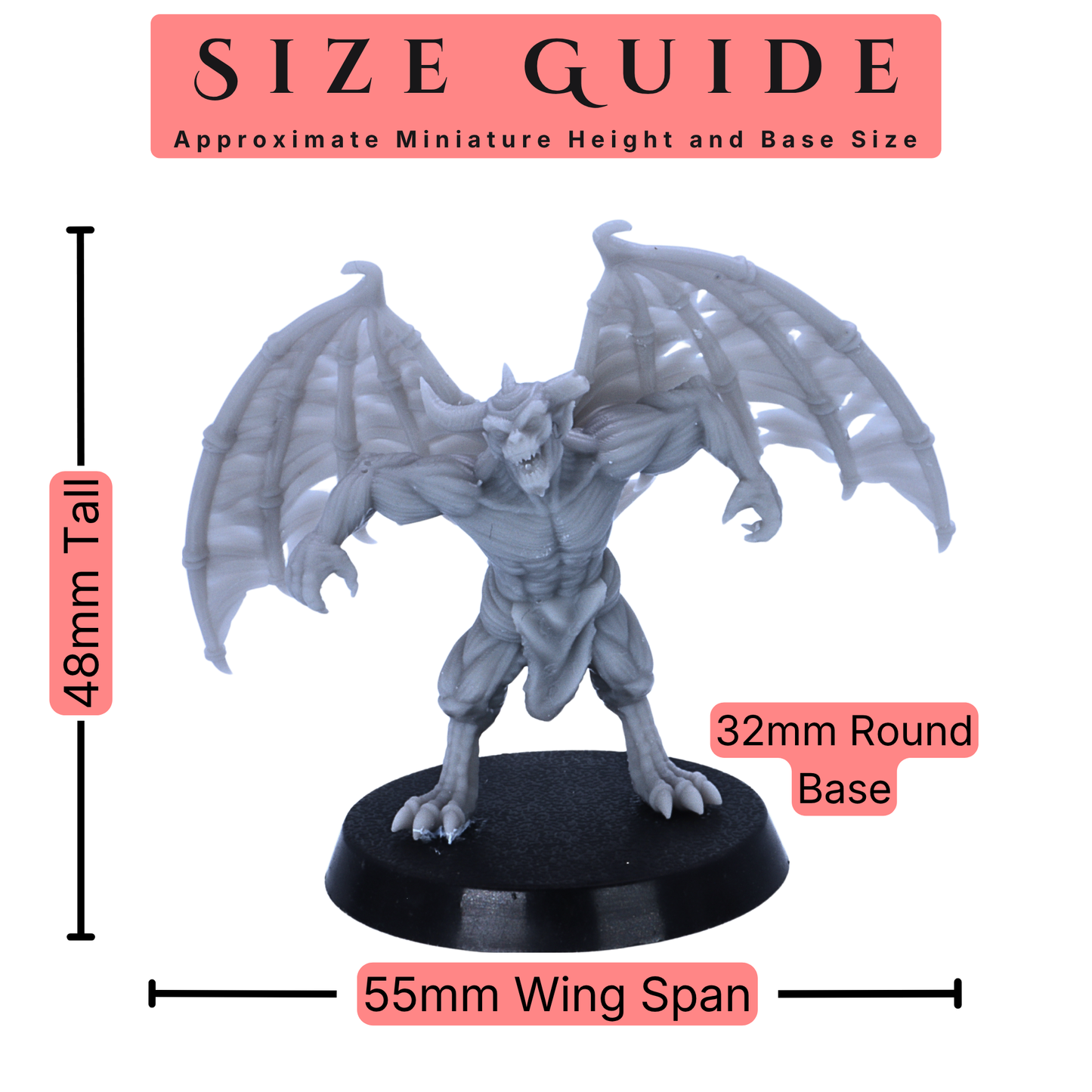 Size guide for the Devil Minions miniatures showing 48mm height, 55mm wingspan, and 32mm round base.