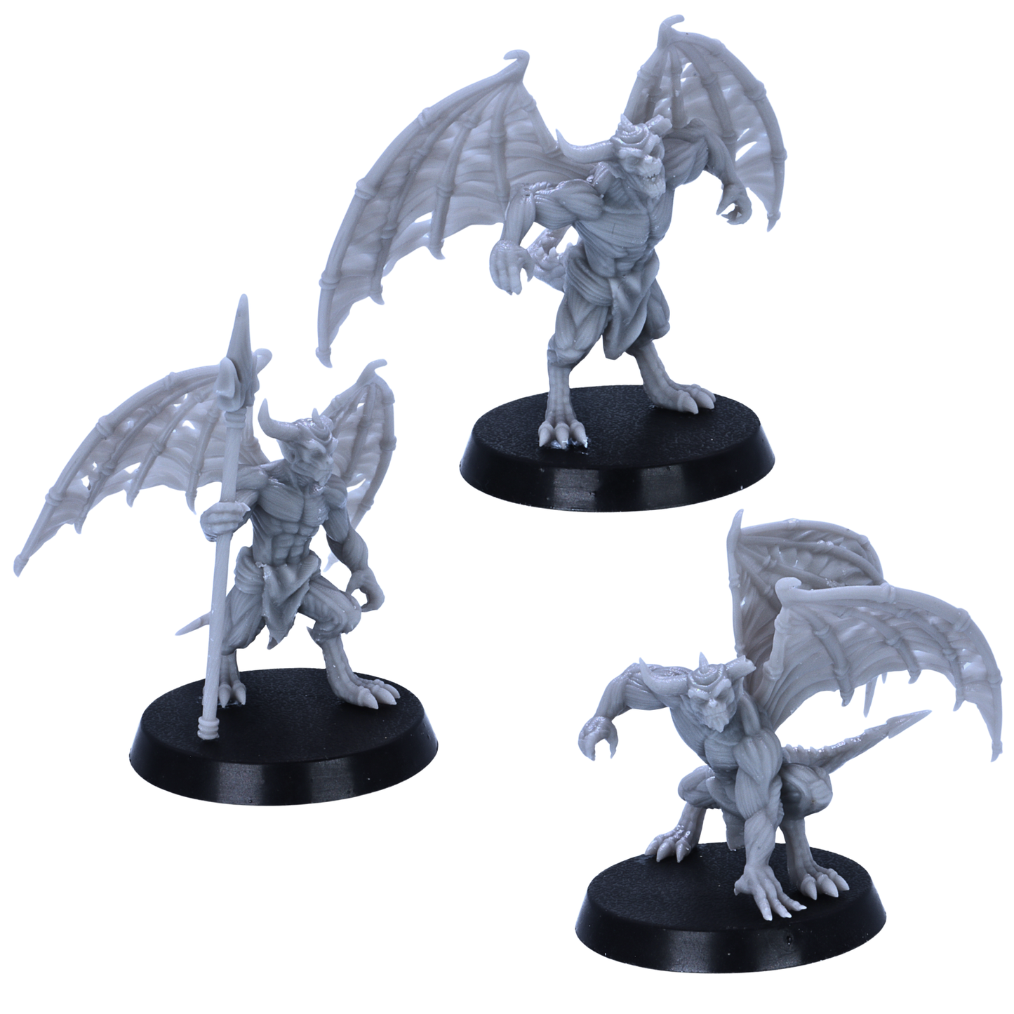 Unpainted Devil Minions miniatures shown from multiple angled views on 32mm round bases.