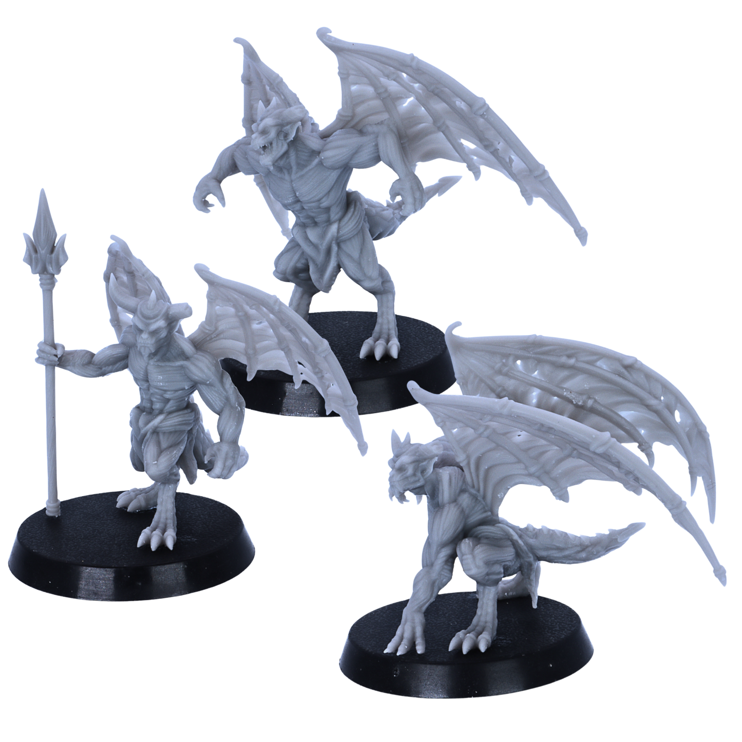 Unpainted Devil Minions miniatures showing three front and angled views with wings, claws, horns, and spear weapon.