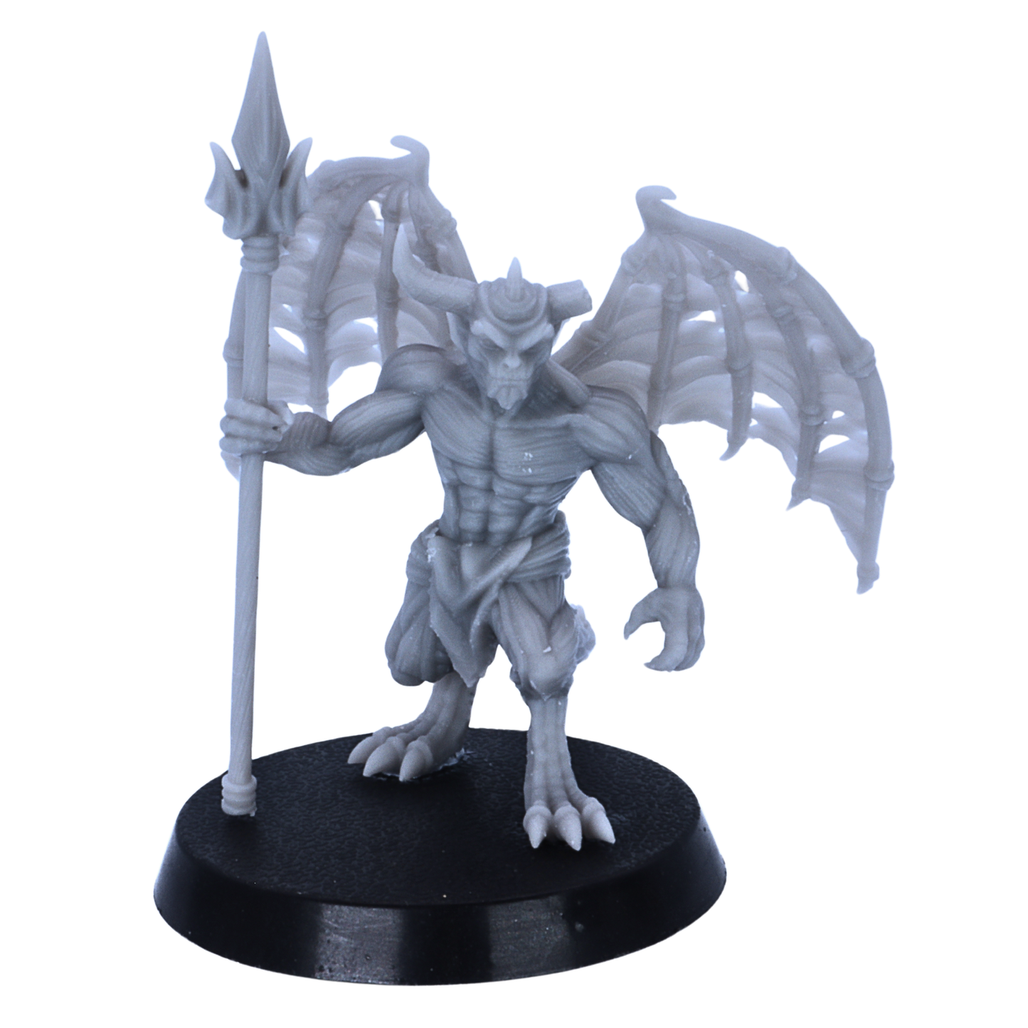 Close-up of an unpainted Devil Minion miniature holding a spear on a 32mm round base.