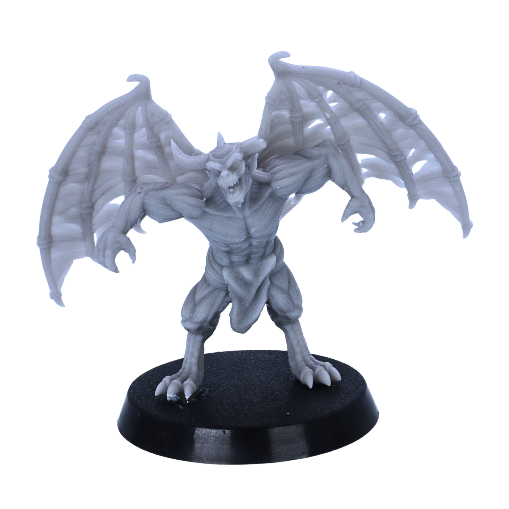 Close-up of an unpainted winged Devil Minion miniature with horns, claws, muscular body, and torn wings.