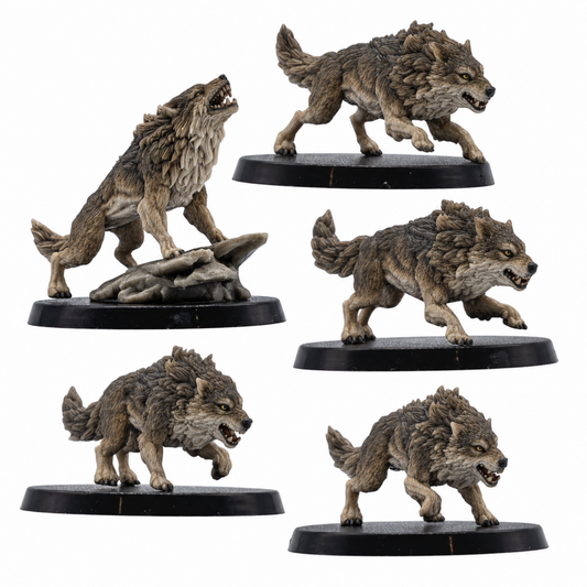 Painted example of five Dire Wolf fantasy tabletop miniatures by Forged Path Miniatures for wilderness encounters and wargaming.