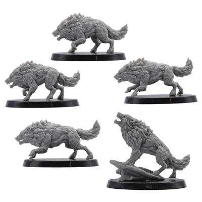 Profile views of five unpainted Dire Wolf fantasy miniatures by Forged Path Miniatures for tabletop RPG encounters.