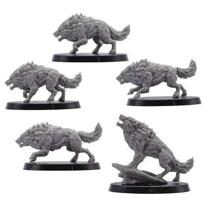 Profile views of five unpainted Dire Wolf fantasy miniatures by Forged Path Miniatures for tabletop RPG encounters.