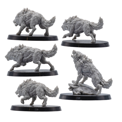 Rear and side views of unpainted Dire Wolf miniatures showing sculpted fur, snarling poses, tails, and movement detail.